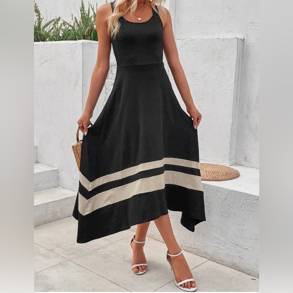 Two Tone Color Cross Back A-Line Dress Black - Picture 2 of 7